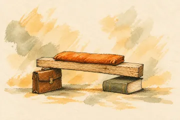 A balance beam becomes a bench with a cushion, book and briefcase.