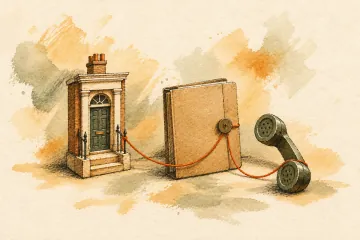A portfolio and telephone connect to a miniature London doorway.