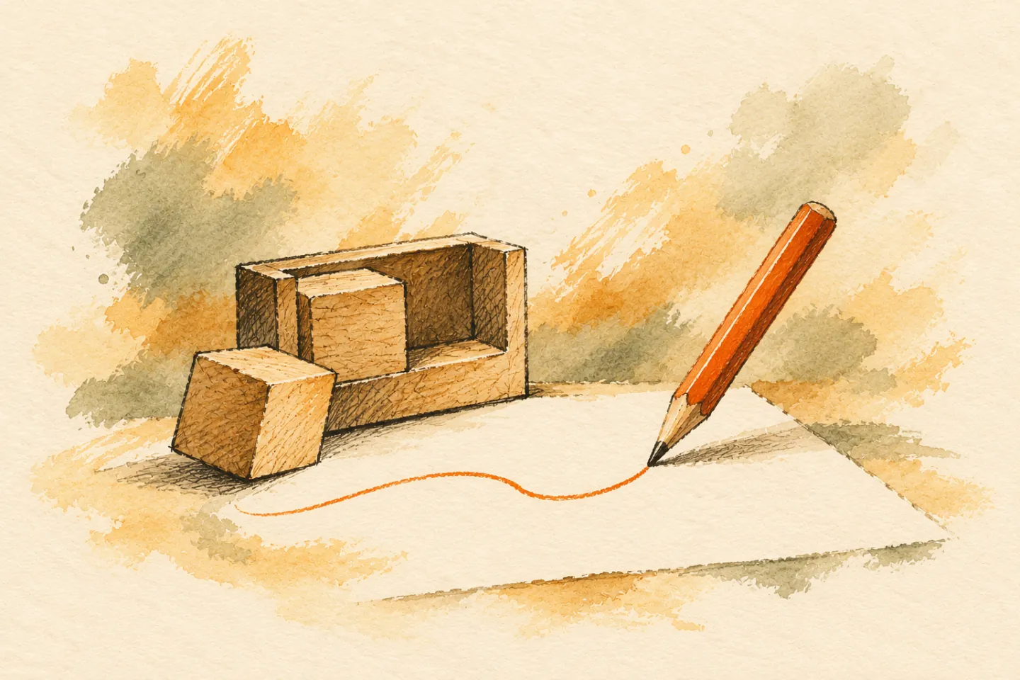 A pencil begins a line while an unmarked calendar block sits aside.