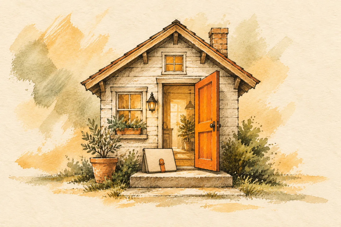 A wooden house with an open orange door and a portfolio on the step.