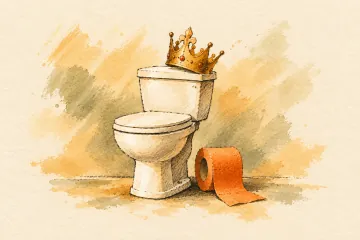 A paper crown rests on a simple ceramic toilet, a reminder of shared humanity.