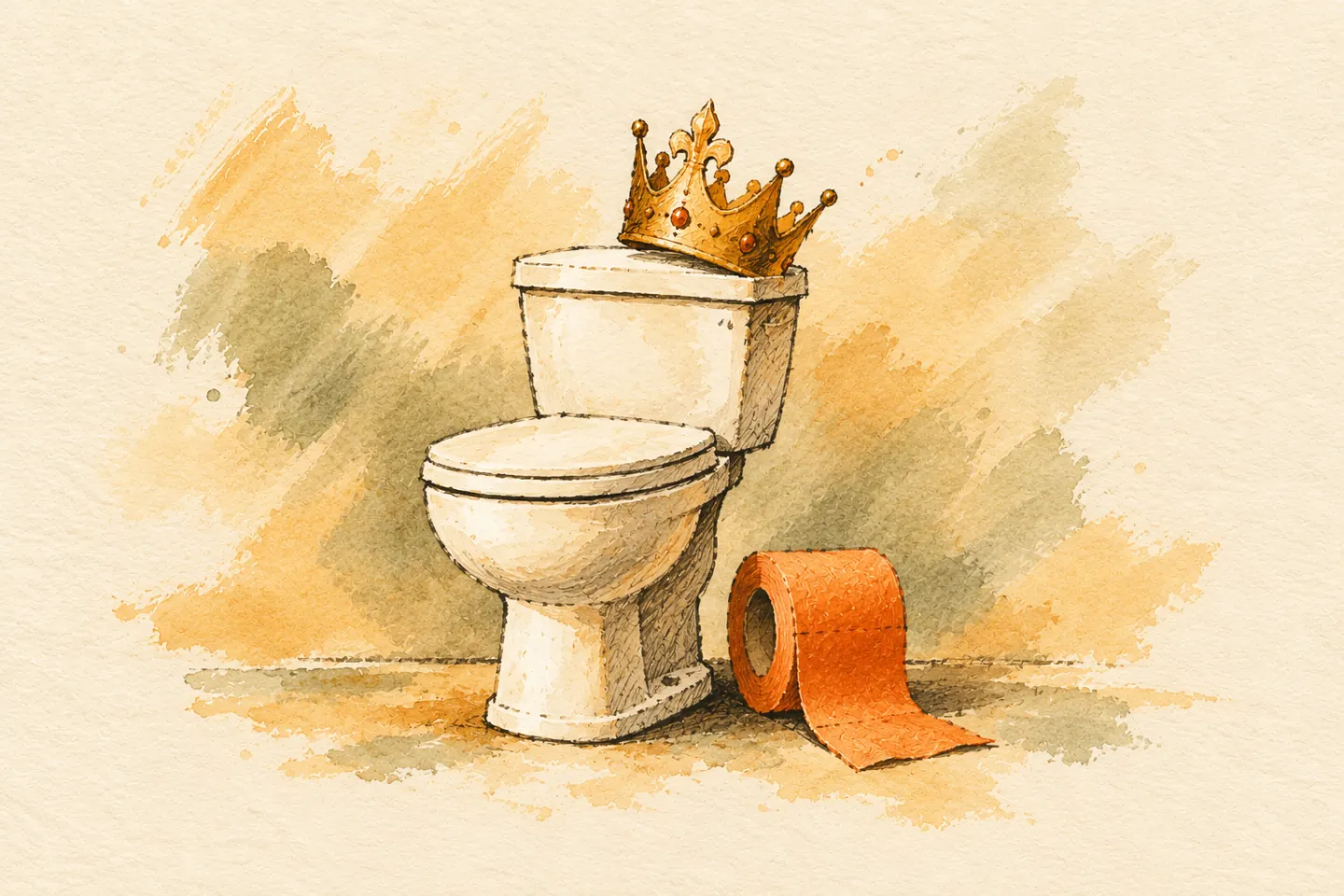 A paper crown rests on a simple ceramic toilet, a reminder of shared humanity.
