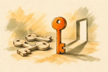 A distinctive orange key casts a doorway-shaped shadow.