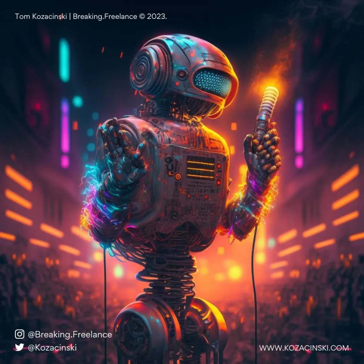 Futuristic robot holding a microphone speaking to an audience